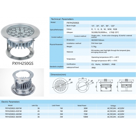 Reflektor podwodny LED  PXYH250GS 36 / 45 / 72 / 108 Watt dowolny kolor + RGB  IP68 stal nierdz.